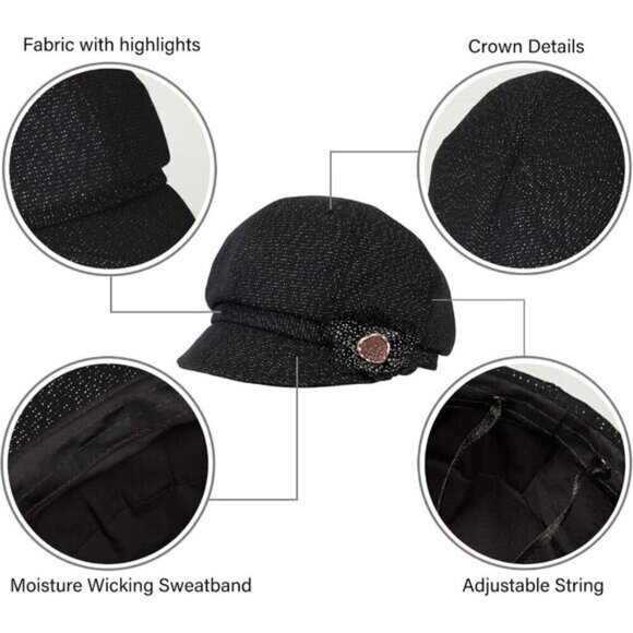 Women\'s Black Cotton Cabbie Cap Beret Hats with Flower Buckle